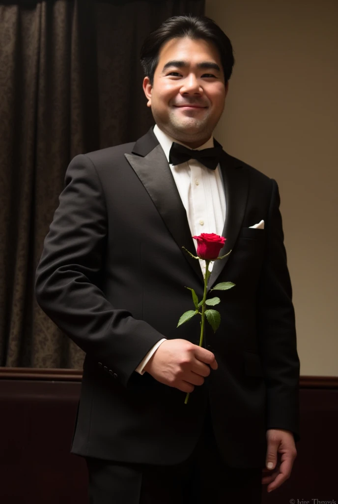 male, suit, Dark colored background ,  holding a red rose in hand, クラchicな照明, chic, grace, noble