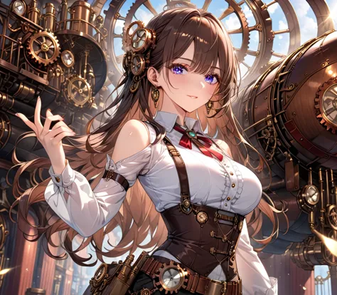 (steampunk theme:1.3), focus on upper body, a beautiful brown-haired woman who works as an airship engineer in a city where stea...