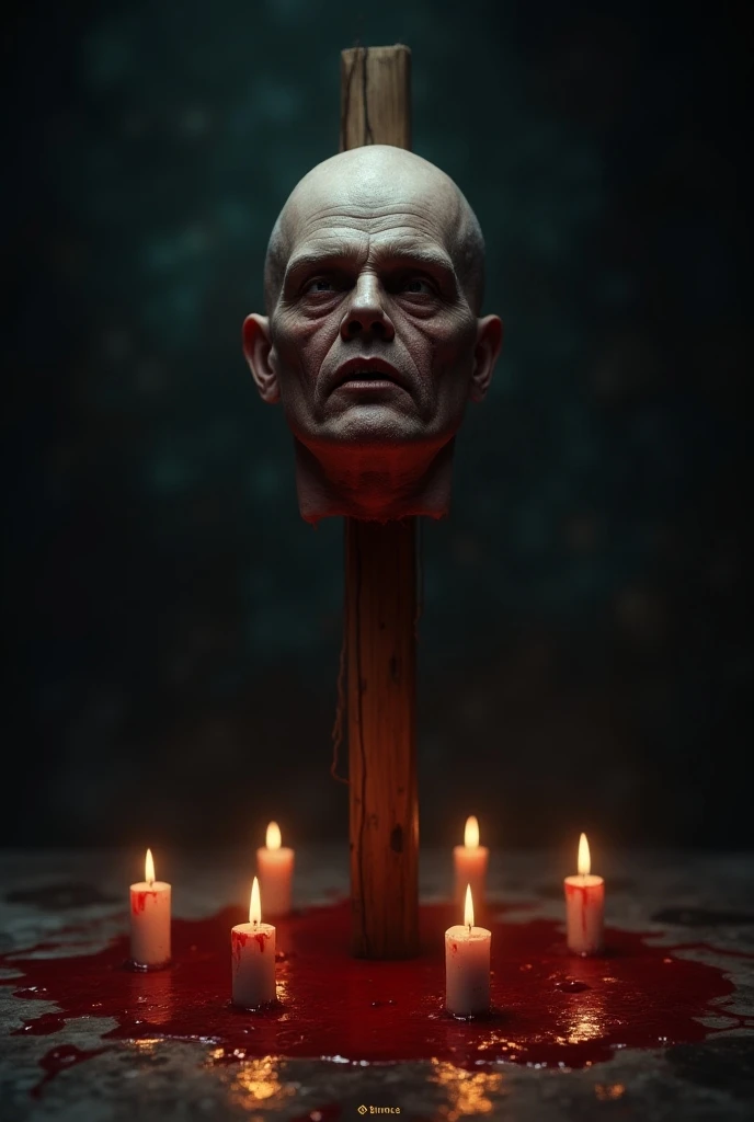 Dead man head in a stick. Blood and candles below. Add blood binance logo