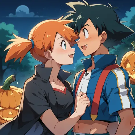 1boy, ash ketchum, black hair, brown eyes, hair between eyes, black vampire suit, handsome boy, macho, good looking boy 1girl, m...