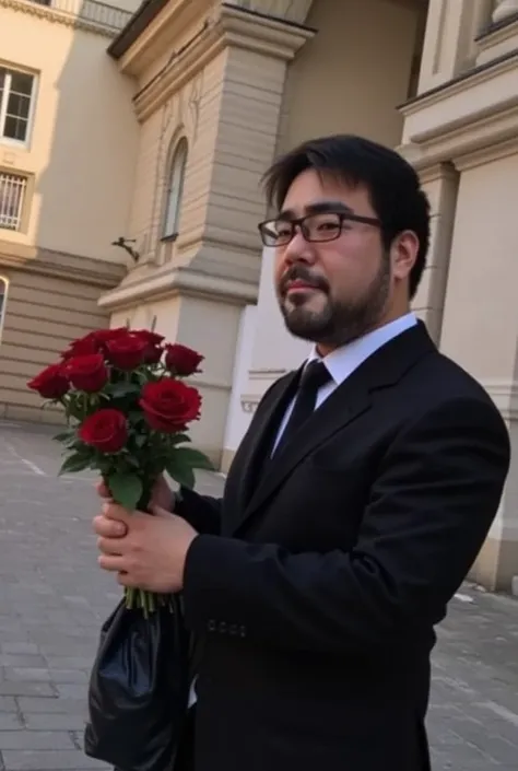 male, Glasses, beard, Black suit,  white shirt ,  Red Rose Bouquet ,  classic building on background,  elegant pose , Soft evening light 