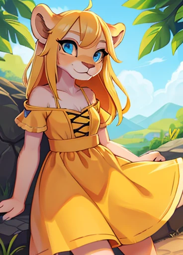 lion girl,lana when she was a  ,   has yellow hair and blue eyes,orange summer dress,