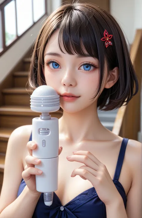 cute high school girl、 small breasts、 slim body 、 short hair 、 against face 、 , fine grain)、、 blue eyes、very detail face , high-...