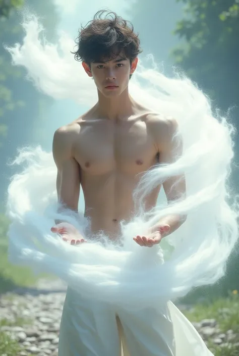 A handsome hunky slender boy have magical white whirlwind in hand