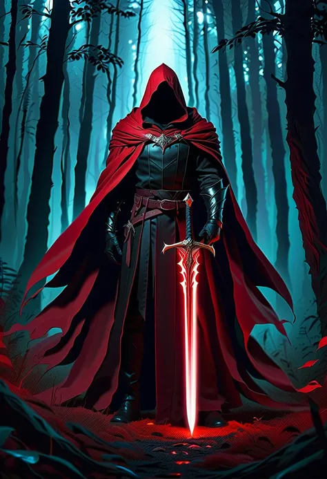 a man in a cloak holding a sword in a dark black and red forest, hold sword in the forest, glowing sword (red),dark fantasy styl...