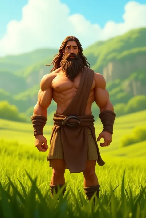 Ultra-realistic image in the Pixar/Disney style, showing the biblical character Samson in a heroic and determined pose. Samson is a muscular man with long, flowing hair and a thick beard, wearing simple, ancient clothing. He stands in a sunny, green field ...