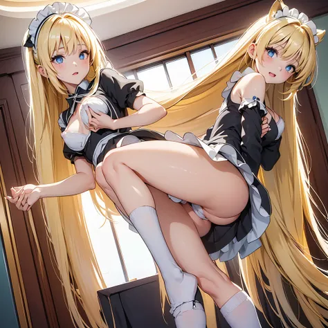 ( best quality)), ((masterpiece)), (  Details),nsfw1.9, ((Full Body Shot 1.5, View from the front))， Beautiful 19 year old woman in front of a table in a Western-style building， Open mouth smile，Tempting appearance， big boobs,very sexy ，(((Wears black maid...