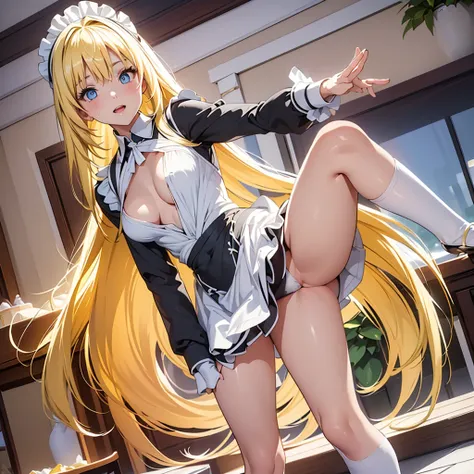 ( best quality)), ((masterpiece)), (  Details),nsfw1.9, ((Full Body Shot 1.5, View from the front))， Beautiful 19 year old woman in front of a table in a Western-style building， Open mouth smile，Tempting appearance， big boobs,very sexy ，(((Wears black maid...