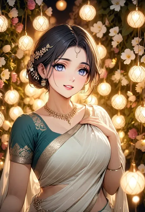 A beautiful woman in a traditional saree, lighting diyas with a serene expression, surrounded by twinkling lights and floral decorations