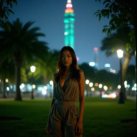 A fashionable woman is standing in a park at night, with the Taipei 101 in the background. detailed face, photography, 8k, HDR, RAW photo, highres, absurdres1.2, Kodak Portra 400, bokeh:1.2, lens flare, (vibrant color:1.2), clear background, taipei 101