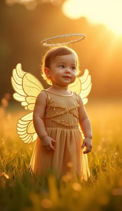 "photorealistic full-body image of a baby girl in a golden angel costume, with shimmering gold wings and a small, sparkling head...