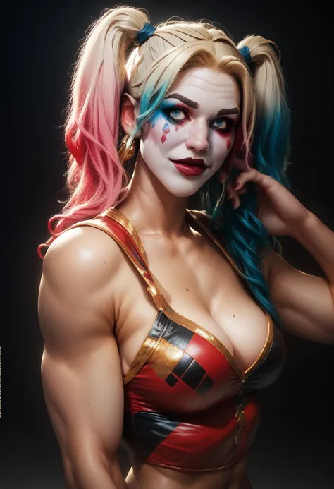 appearance: harley quinn has a flamboyant look, with colorful hair, comical clothes and an aura of chaos around her, 8k high def...