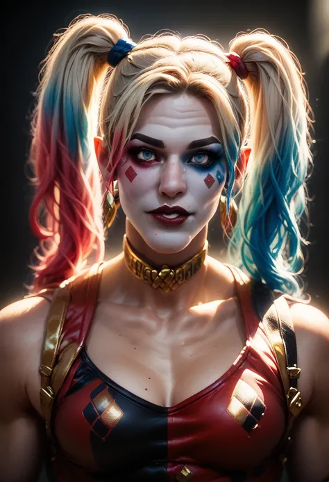 appearance: harley quinn has a flamboyant look, with colorful hair, comical clothes and an aura of chaos around her, 8k high def...