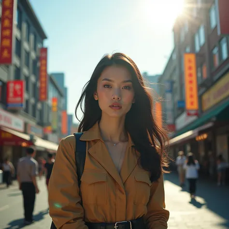 A fashionable taiwanese woman is standing in Taipei city. detailed face, photography, 8k, HDR, RAW photo, highres, absurdres1.2, Kodak Portra 400, bokeh:1.2, lens flare, (vibrant color:1.2), clear background