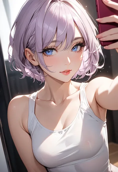 (( best quality )), (( masterpiece )), ( Details), Young woman,  alone , (  small breasts, Light purple hair,  blue eyes , ((Short hair)) , Beautiful face, Beautiful skin, Long eyelashes, Thick eyelashes),milf,milf,Diffuse light, sexy, Elegant, ดวงตาที่มี ...