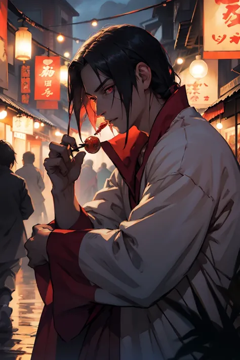 itachi uchiha, red kurta, night market, public area, glowing lamps, small oil lamps, eating sweets, dhoti,happy,close shot,festival, beautiful detailed eyes, beautiful detailed lips, extremely detailed face, long eyelashes, cinematic lighting, dramatic moo...