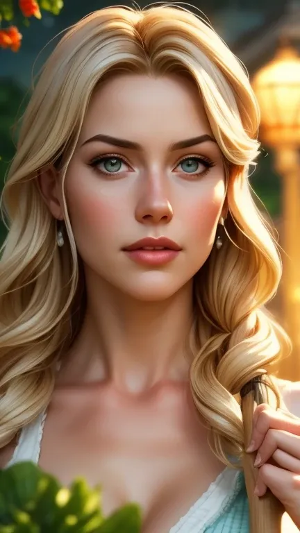 a beautiful young woman with long blonde hair, holding a broom, stunning detailed portrait, cinderella, Disney princess, full body shot, detailed fantasy garden background, warm lighting, soft colors, detailed texture, photorealistic, hyperrealistic, cinem...