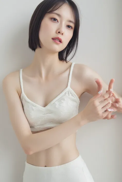 She is in a pose wearing a sexy camisole, making a firm big heart shape with both hands, and holding it in front of her chest, Cute smile up、Monotone background

