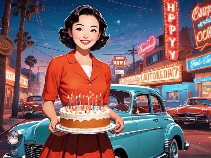 A masterpiece, a boldly brushed anime-style illustration, detailed, humorous and crazy, cinematic lighting, 1950s American West Coast, a girl, a movie actress looking at the camera, celebrating a birthday, with a neon sign in the background reading "Happy ...