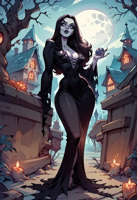 morticiadg, color, full body, sexy, flirting, in a spooky haunted house in moonlight