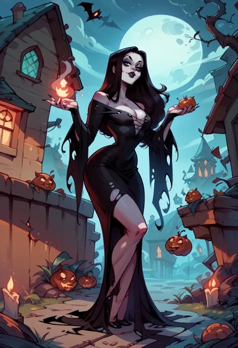 morticiadg, color, full body, sexy, flirting, in a spooky haunted house in moonlight