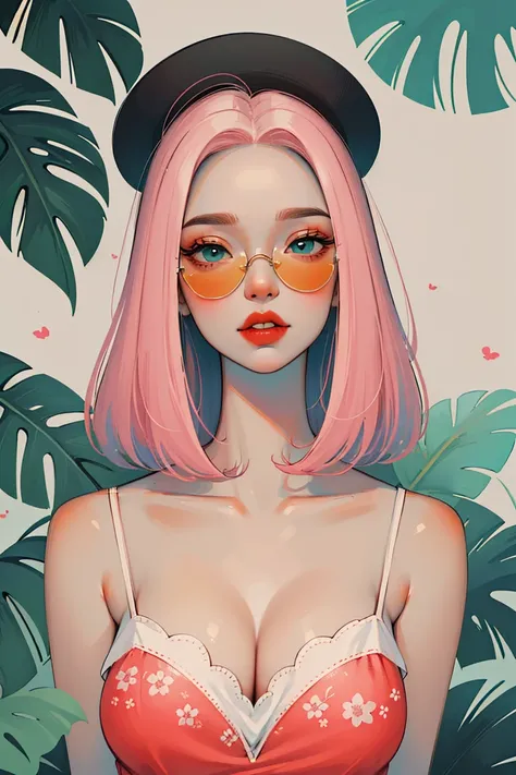 1girl, sunglasses, solo, hat, lipstick, red lips, long pink hair, aqua eyes, dress, plunging neckline, makeup, big breasts, cleavage, looking at viewer, arms behind back, ulzzang, portrait, sexy, submissive, ((seductive)), ((heavy blushing)), shy, tease, S...