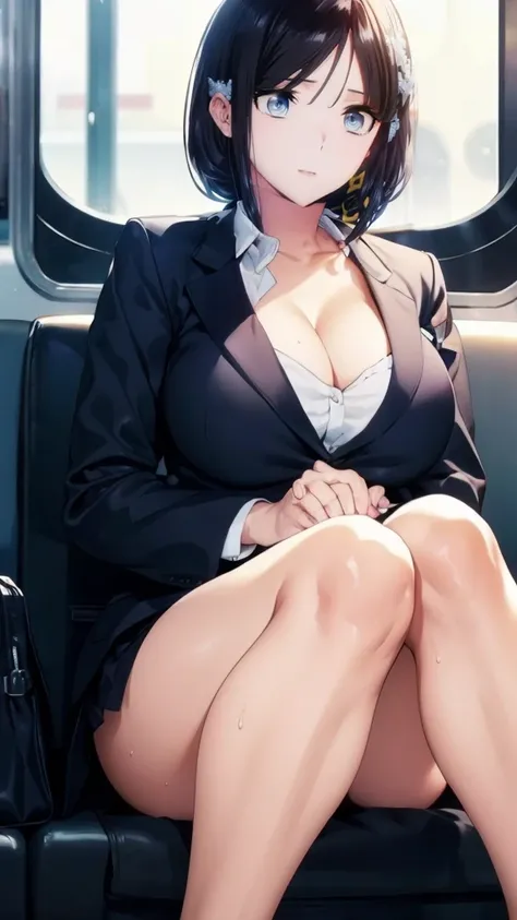 orgasm,Drunk,center parting bob,sweat,stout legs,cleavage,face focus.Detailed eyes,High image quality,Highest Quality,Photorealistic,Feet up,Fullbody,Business bag,Japanese woman,wearing a suit, sitting,train