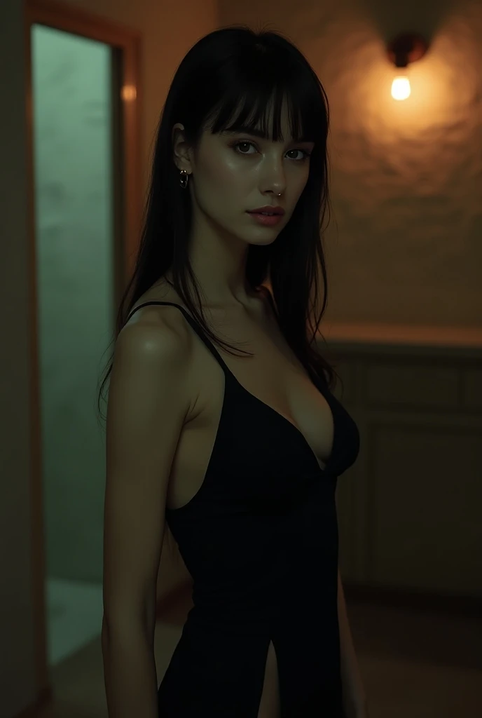 /imagine prompt: A hyper-realistic surrealist image of a Russian woman standing. 8k Hair: Long light black hair with bangs White skin, disheveled, perfect perky nose, full lips, unforgettable striking face, nails: red Height: 54" Eyes: Deep light brown Mak...