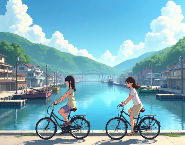  sisters riding bicycles on the embankment and waiting for their fathers fishing boat to return、
 I can see fishing boats coming into the harbor 、
Scenery of a fishing port in Japan 、
Hot Summer、horizontal line、
 kind smile、
On a hot summer day 、
 Realisti...