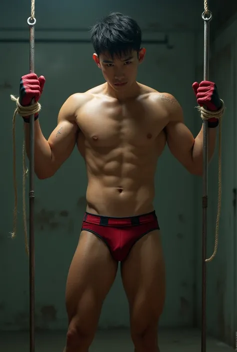 Handsome Chinese teen model, his hands tied with chains to two large laboratory experiment poles, muscular, sweaty, laboratory experiment room, sexy, Korean, Japanese, Chinese, bulging, sweaty, hot, realistic, black hair, perfect Asian male face, Spiderman...