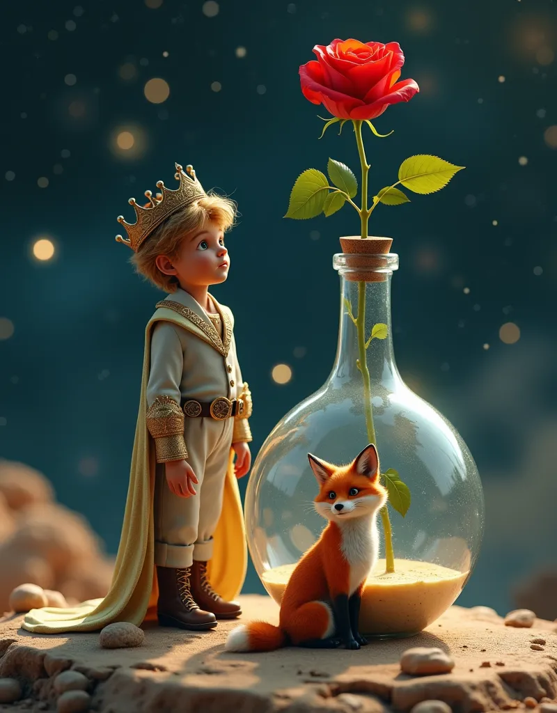 ((photorealism,  large macro photography , clear focus,8k rendering, amazing quality,  high detail,HDR)) : ((1little planet ))  with 1 prince standing on(  prince's clothes and the crown ,the boy prince ),  next to him sits on the back lights of a 1fox  ( 1 funny cool , like a real one)  and in front of them, 1 red rose grows on a long stem in a transparent flask closed from above, ((in a large transparent glass flask (bottom up )   standing on a long stem ))  close-up, ,((  based on the work “Little Prince” by Antoine de Saint Exupery))  behind space  ,stars,constellations, blurred background .