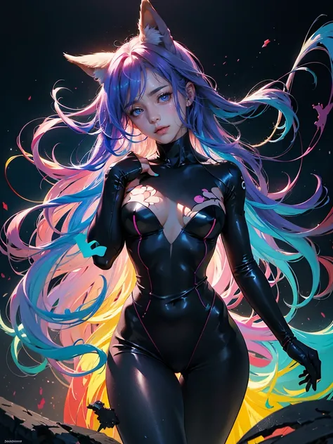 conceptual installation vivid color colorful artwork, kawaii beauty, striking beautiful eyes, glossy silky messy hair, amorous and lewd expression, perfect proportions, wearing transparent iridescent naturally luminous, delicate and dynamic textures, contr...