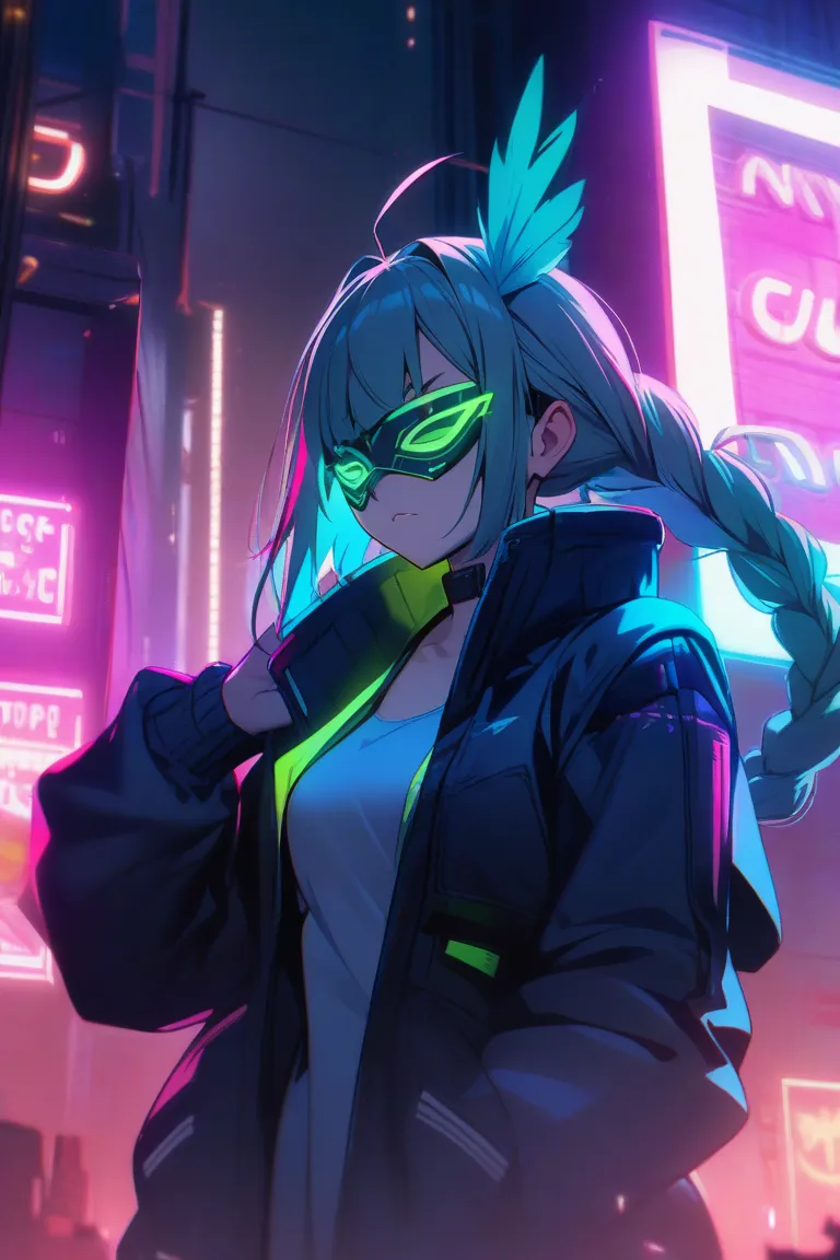 1girl,solo,confident pose,ahoge,long braid,mask,feather mask,cyberpunk, jacket,epic jacket,light collar jacket,neon sign,neon li...