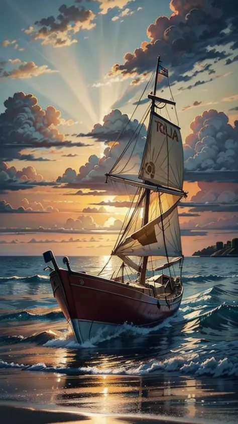 watercolor painting sunset, high tide, golden sand, calm sea, colored clouds, rays of light break through the clouds, in the reflection of light on the water, a sailing boat is a fish, the sea shimmers with bright colors . vibrant, beautiful, painterly, de...