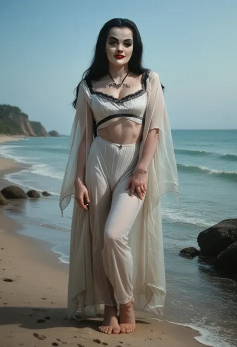 lilmun, (color) full body, sexy, flirting, standing on a deserted beach in the moonlight