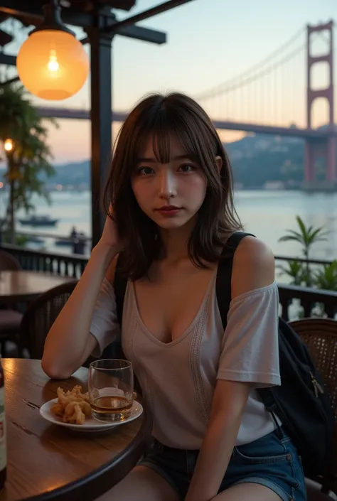 ultra-realistic, photorealistic, dramatic scene, shadow, global-illumination, solo, (teenage Japanese famous idol girl:1.5), very beautiful fragile Japanese girl, very beautiful with very cute but boyish cool face, (very large breasts), slim waist, she is ...