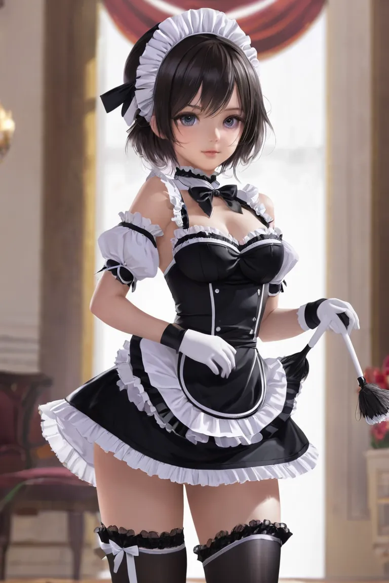 zzzellen, maid bikini,black bikini, maid headdress, detached collar, thighhighs,frills,ribbon,arm garter,leg garter,wrist cuffs, looking at viewer