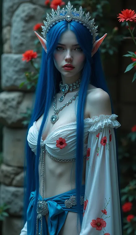 Beauty dark elf princess, blue body and face, 20 years old, silver-crystal crown, deep blue hair, blue eyes, light make-up, red lips, crystal necklace, naked shoulders, white transculent shirt with red flowers, (((full naked body, blue stockings, standing ...