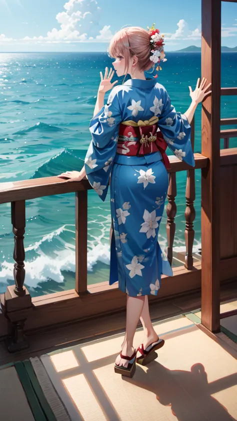 ultra hd、 fine-grained、woman、 standing 、waving、on the boat、sea、kimono