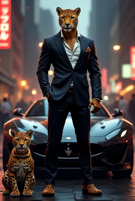 "Create an image of a muscular leopard warrior and a young leopard cub with human-like features, standing proudly in front of a luxury sports car. The leopard warrior wears a tailored suit, while the cub has a matching designer jacket, both posing confiden...