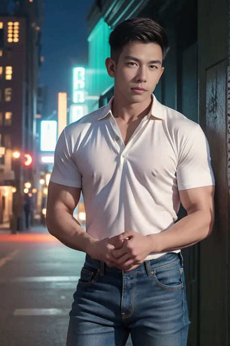 (armface:1.3) , handsome young man standing, (have a mustache:0.8) , (short hair:1.2), the forearms are muscular., (collared shi...