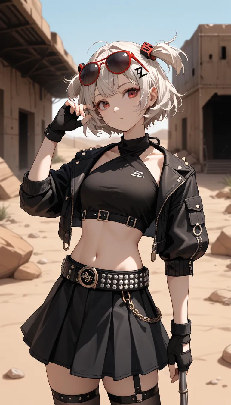 1girl,one,_zzz,  short hair,  short double tails,   hair ornament  ,  sunglasses ,  on the head , desert area,  eyes against the...