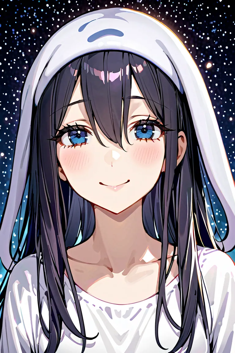 beautiful girl、((droopy eyes:1.8)), hair between eyes, detailed hairband, shoulder length hair, black hair, smile,