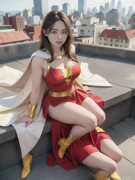 masterpiece, best quality,  mary marvel, white cape, red dress, red skirt, long sleeves, bracer, large breasts, looking at viewe...