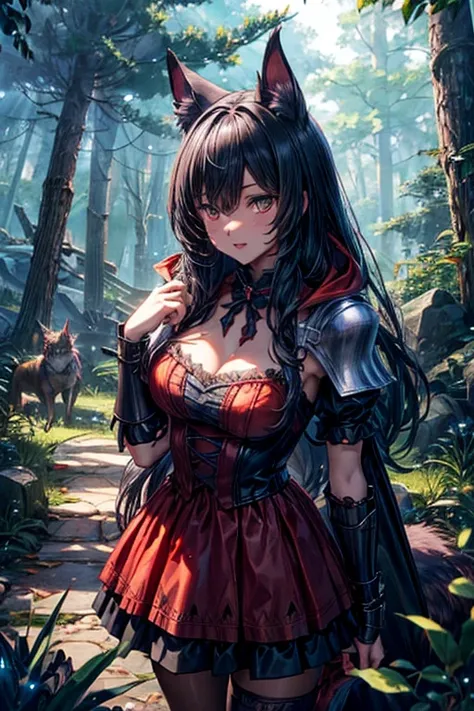 Werewolf in knight armor,  protects a cat girl dressed like a red riding hood, In the forest