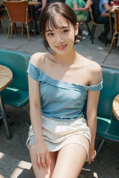 Show me a woman who will surprise everyone.、In New Orleans bourbon street,  talking in cafe while drinking coffee at open air street side table、（Antique cafe with a retro atmosphere）、tight fitting off shoulder dress without bra, the cleavage exposed, short...