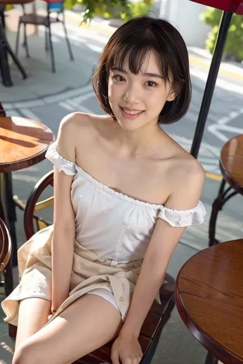 Show me a woman who will surprise everyone.、In New Orleans bourbon street,  talking in cafe while drinking coffee at open air street side table、（Antique cafe with a retro atmosphere）、tight fitting off shoulder dress without bra, the cleavage exposed, short...