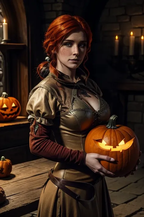 triss merigold wearing medieval clothes with a pumpkin in her hands with halloween attributes against the background of a full s...