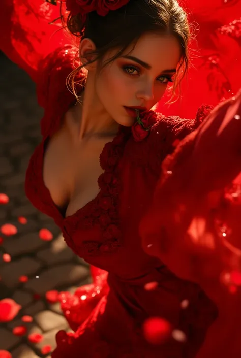 a beautiful flamenco dancer with a thornless red rose in her mouth, passionately dancing, detailed face and eyes, detailed dress...