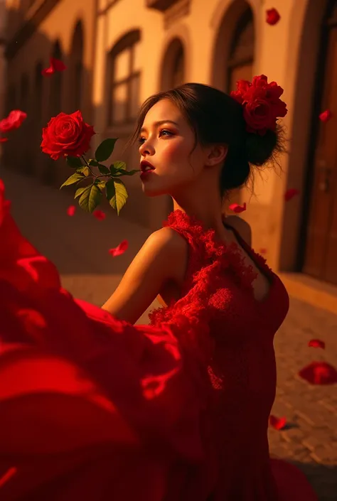 a beautiful flamenco dancer with a thornless red rose in her mouth, passionately dancing, detailed face and eyes, detailed dress...